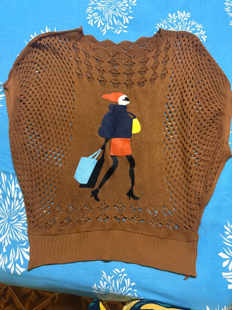 Brown Crocheted Top with Graphic Print