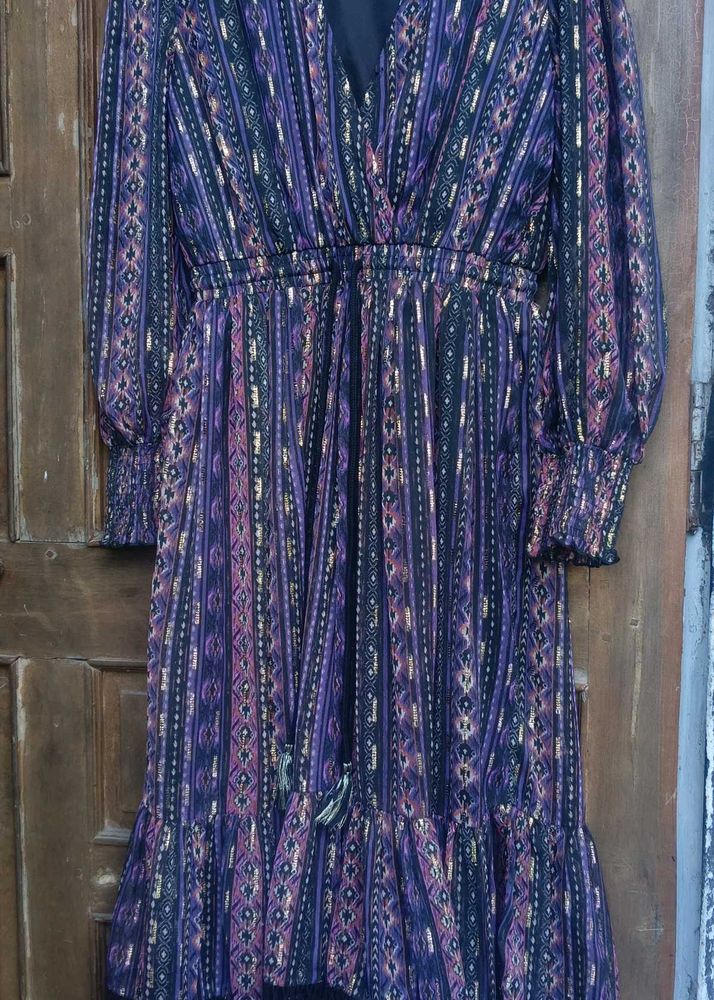 Boho Maxi Dress with Metallic Print