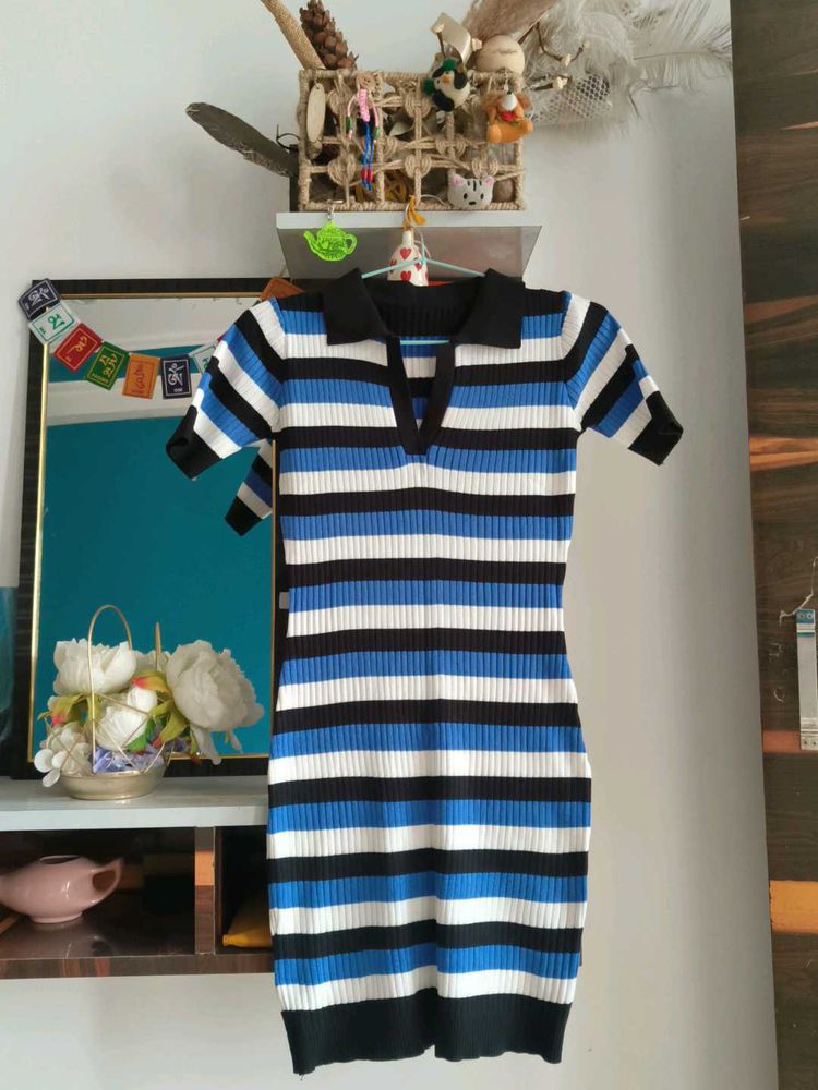 Striped Polo Neck Knit Dress