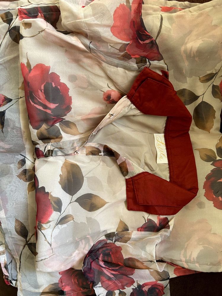 Red Rose Printed organza kurti