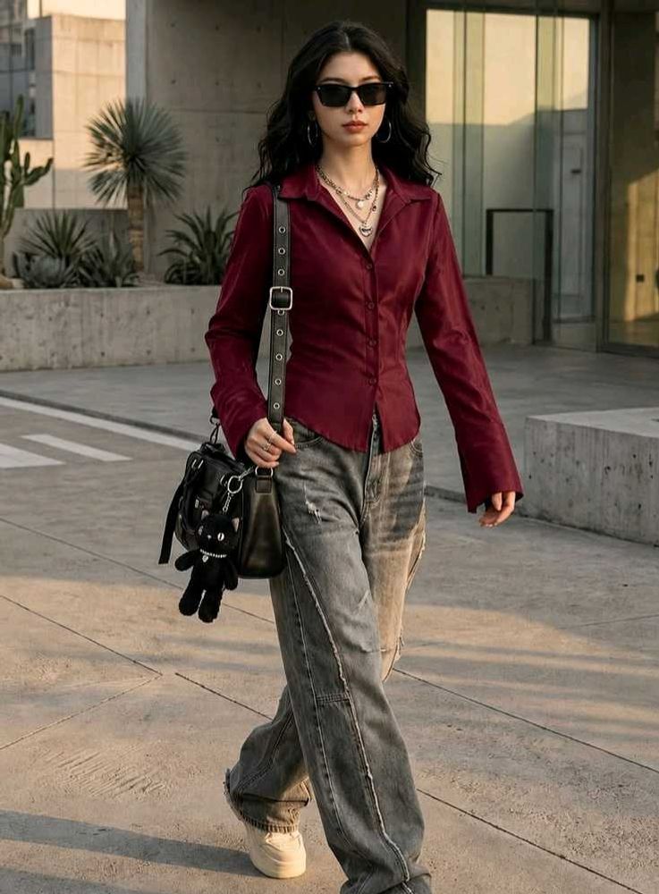 Korean Pintrest Chic Burgundy Button-Up Shirt