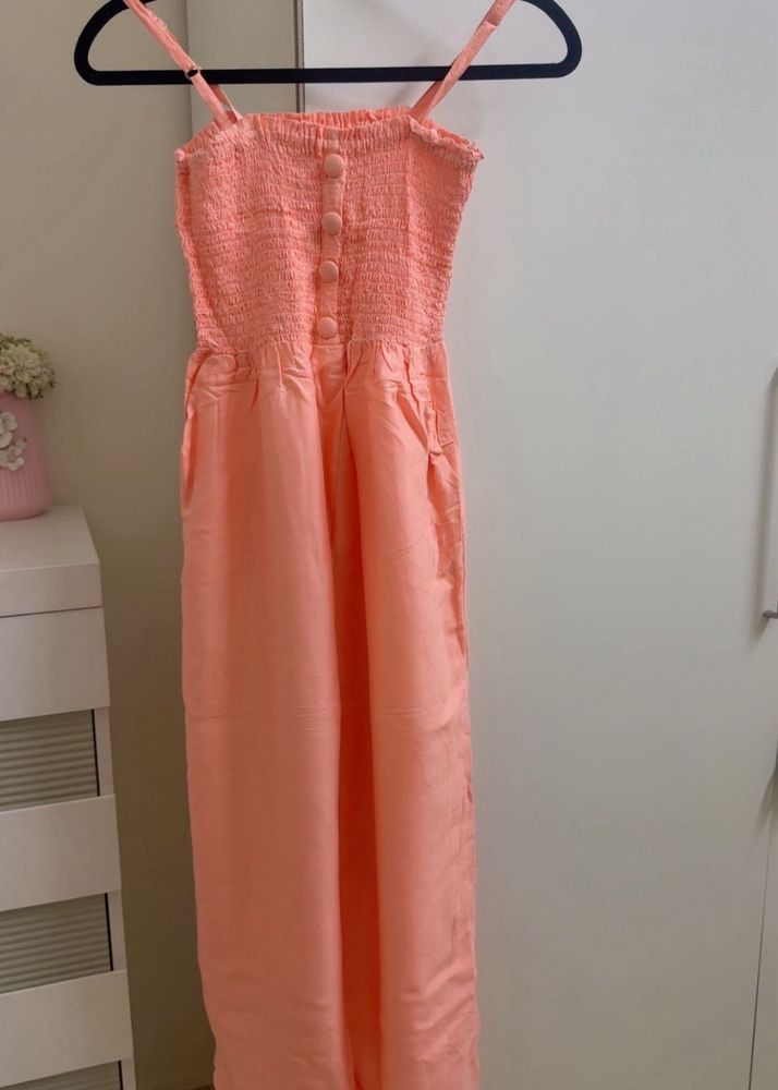 Peach Smocked Jumpsuit with Buttons