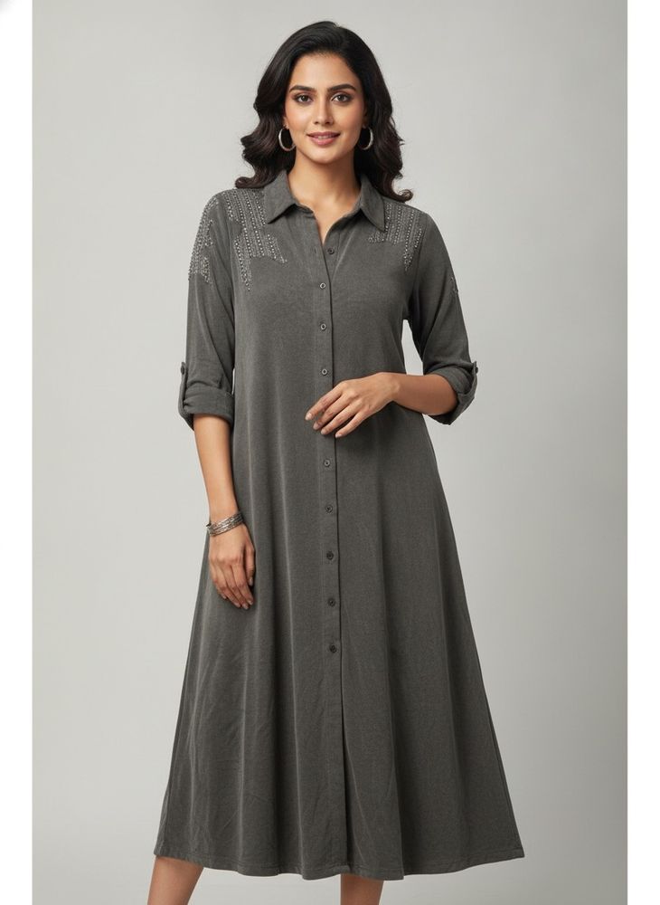 Laks*ita Stylish Embellished Grey Shirt Dress