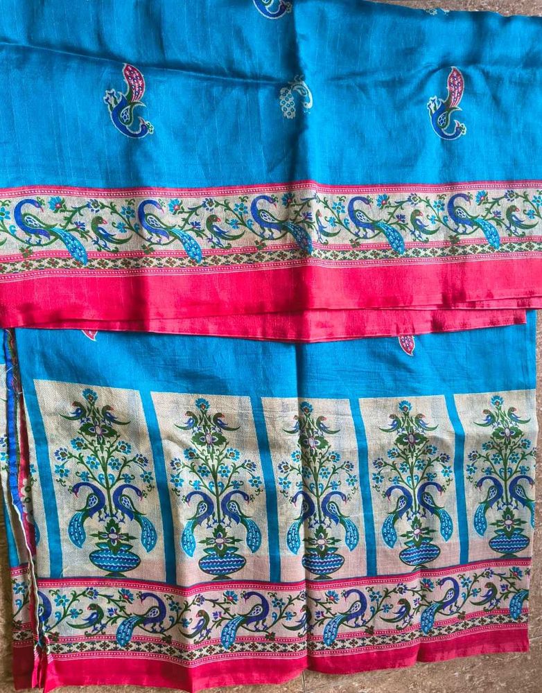 Vibrant Blue Saree with Peacock Motif