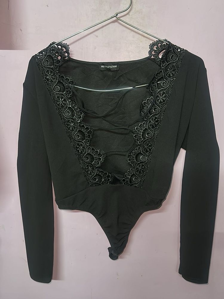 Black Lace Trim Bodysuit