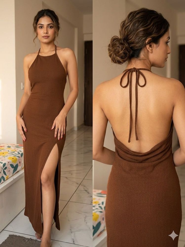 Brown  Halter Neck Maxi Dress