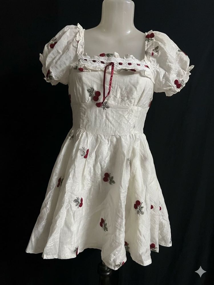 Cute Cherry Print Puff Sleeve Dress