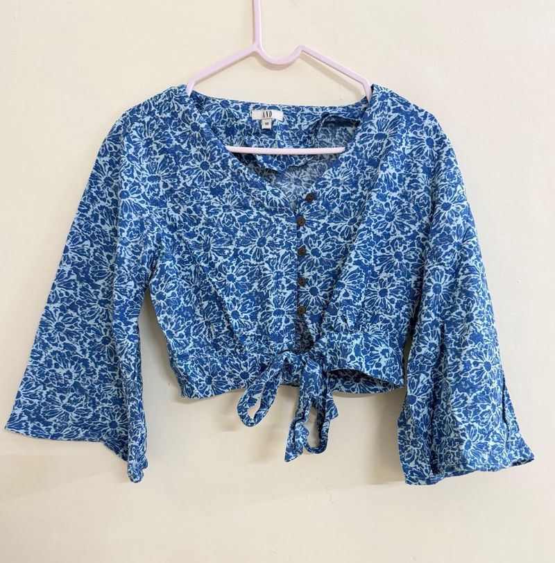Blue Floral Tie-Front Cropped Blouse