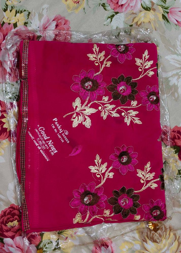 Unused new Embroidered Fuchsia Saree