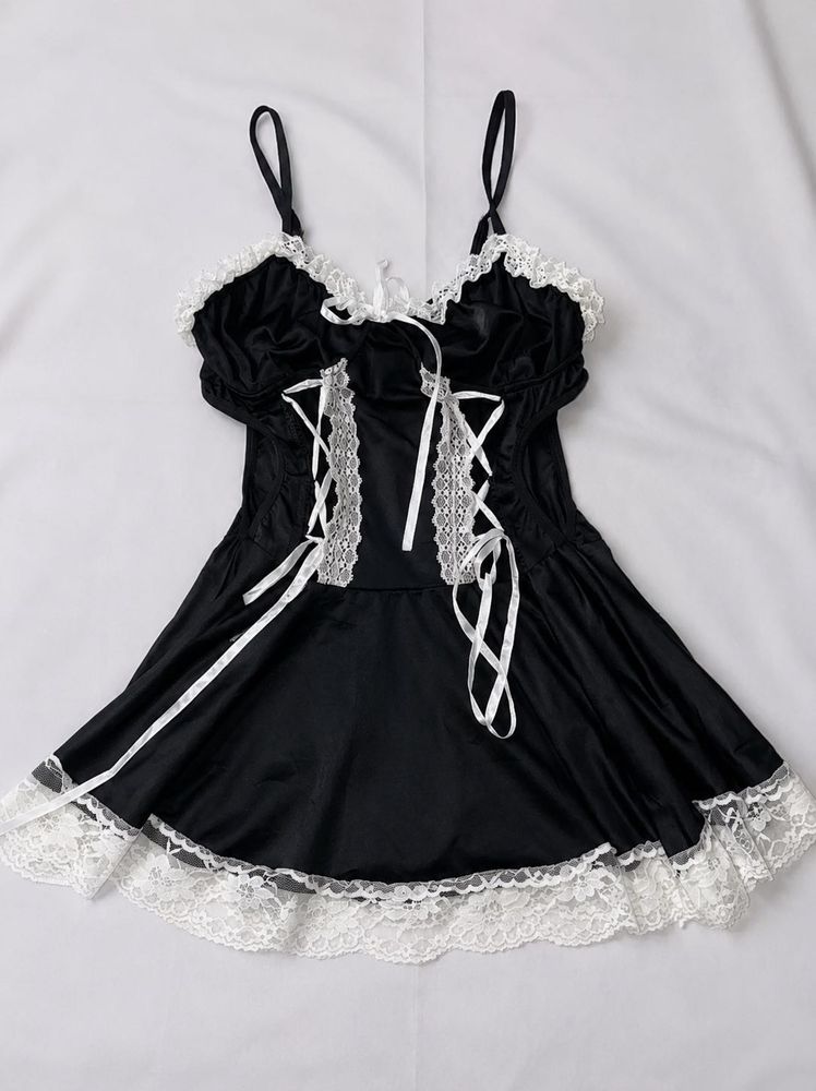 Black Lace Trim French Maid Lingerie Set