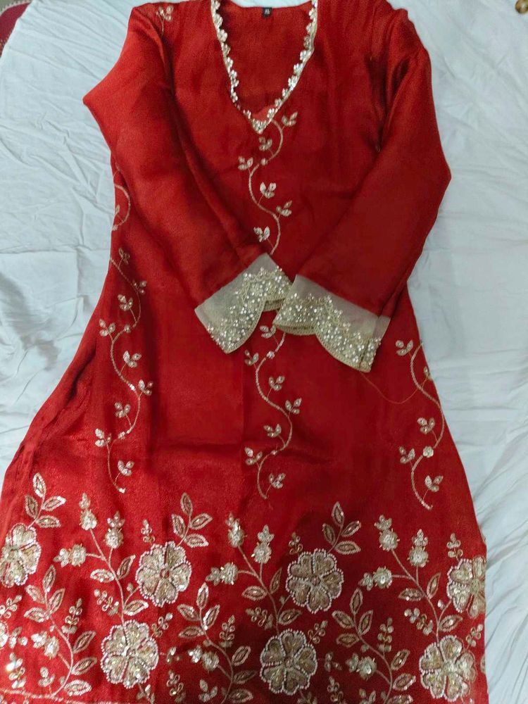 Elegant Red Embroidered sharara kurta set