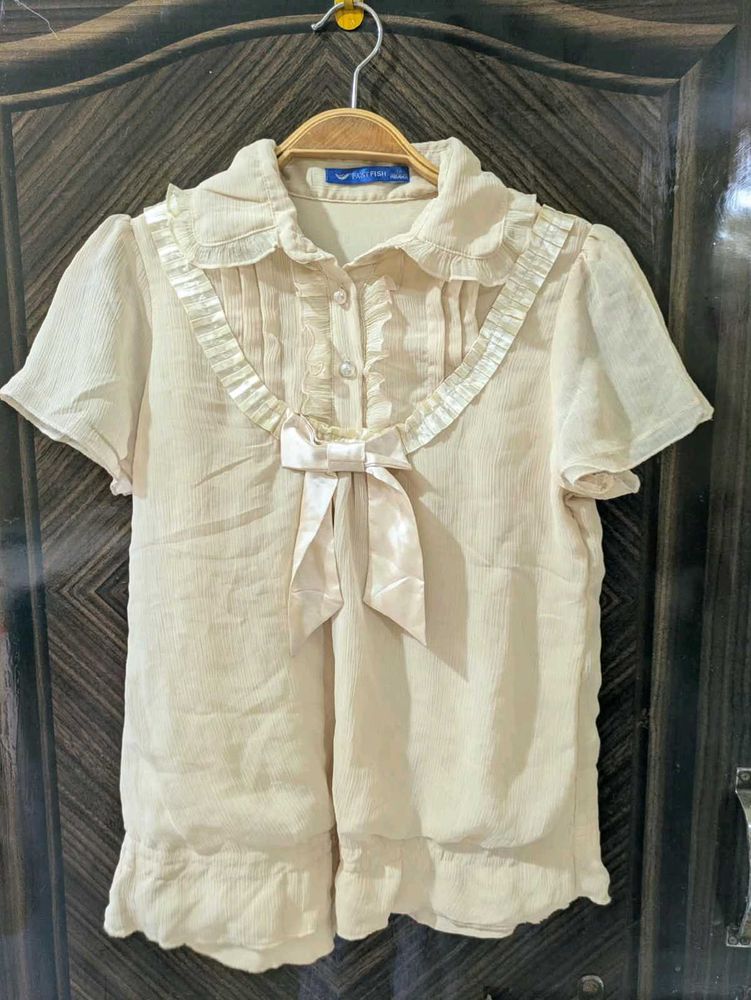 Cream Ruffled Bow Blouse