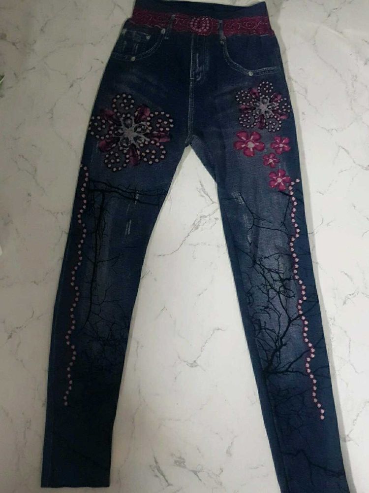 Embellished Blue Denim Leggings