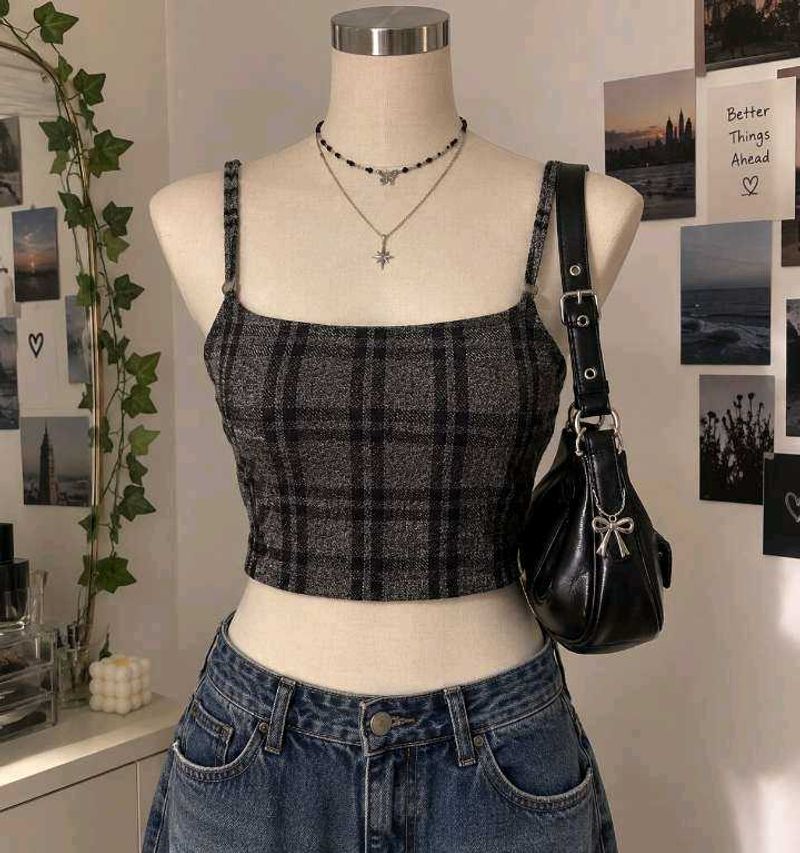 Grey Plaid Crop Top