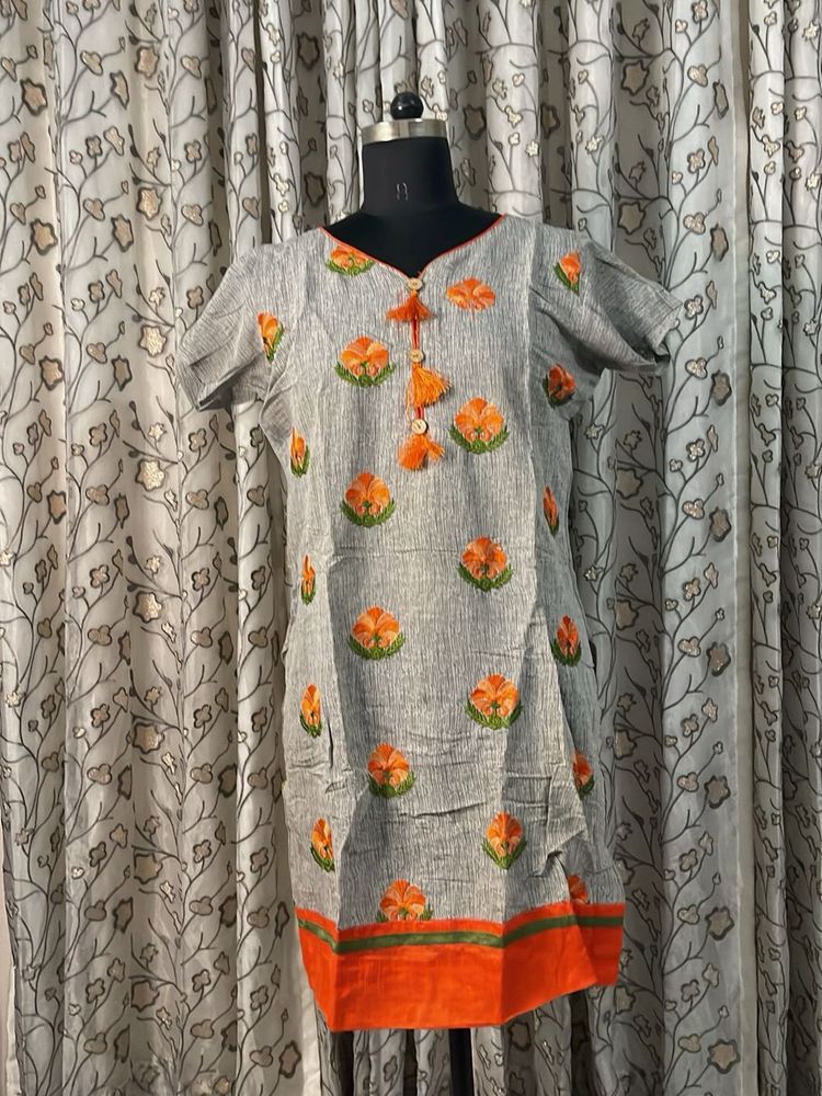 Gray Embroidered Kurta with Orange Floral Detail