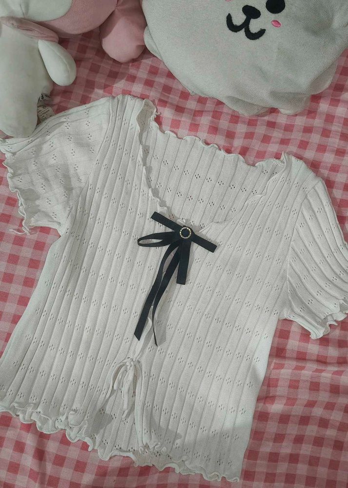 White Ribbed Crop Top with Bow