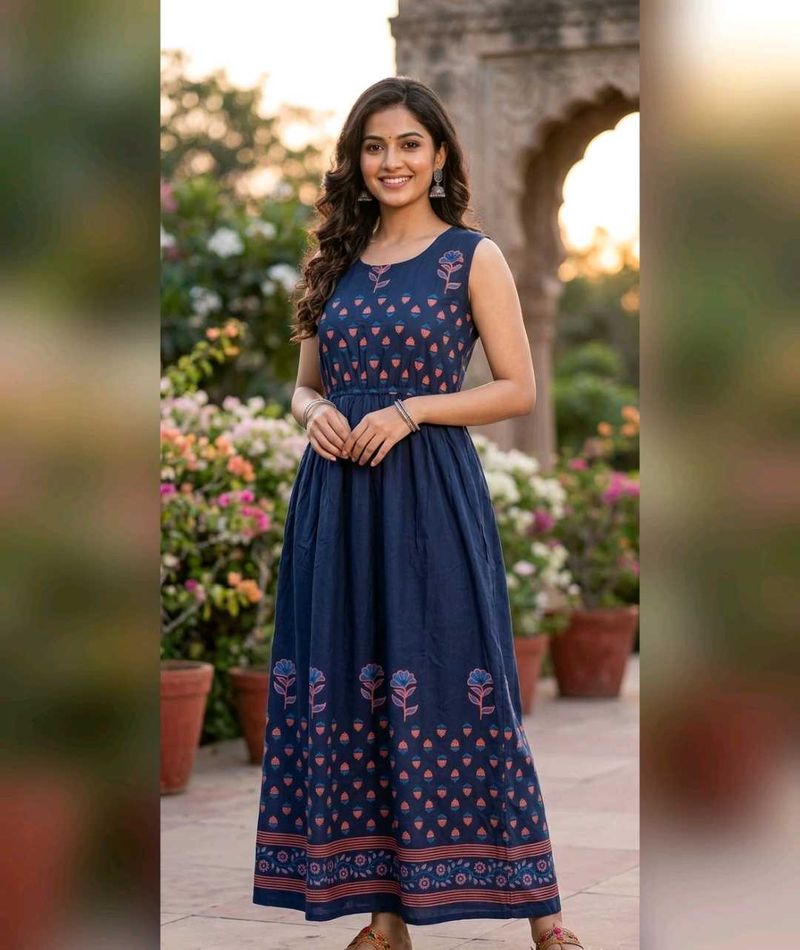 New Beautiful Sleeveless Navy Blue Ethnic Gown