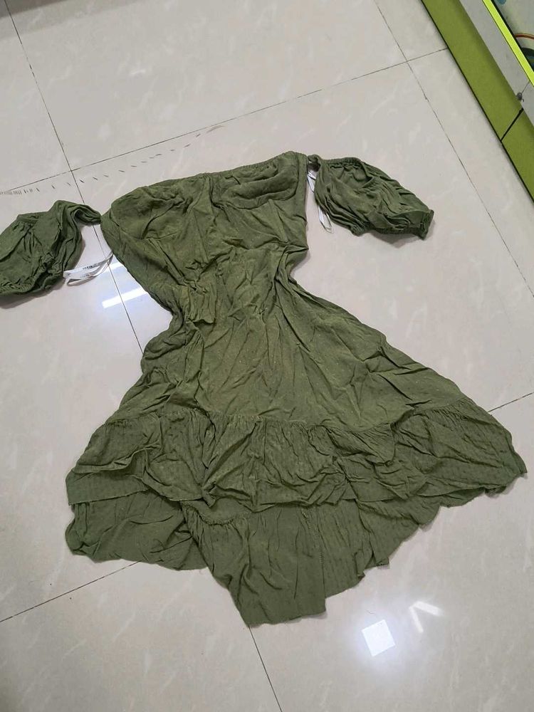 Olive Green Off-Shoulder Ruffled Dress