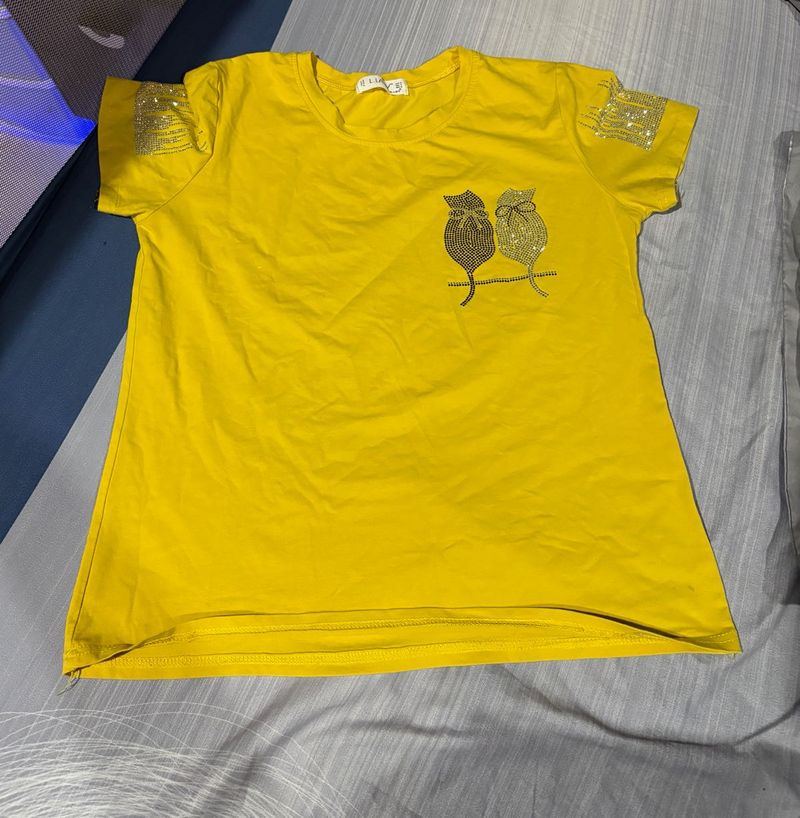 Yellow T-Shirt with Rhinestone Cat Design
