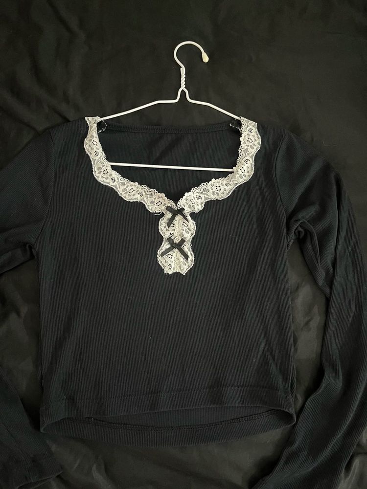 Black Lace Trimmed Long Sleeve Top
