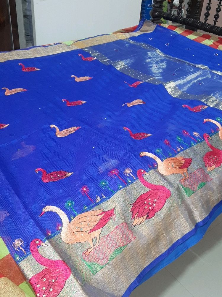Dark Blue Embroidery Kundan Work Saree