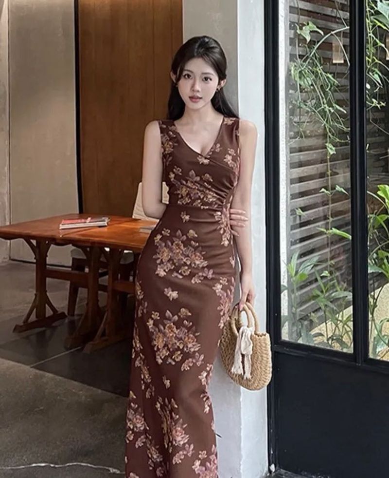 floral printed chocolate classy maxi dress