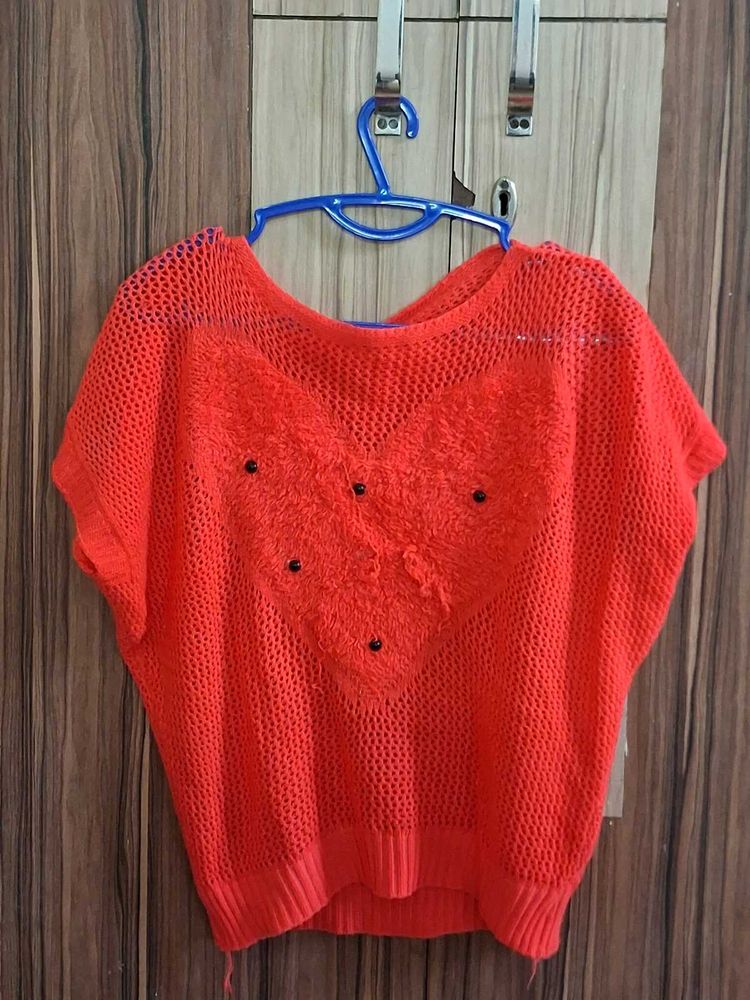 handmade Women's Orange Heart Knit Top