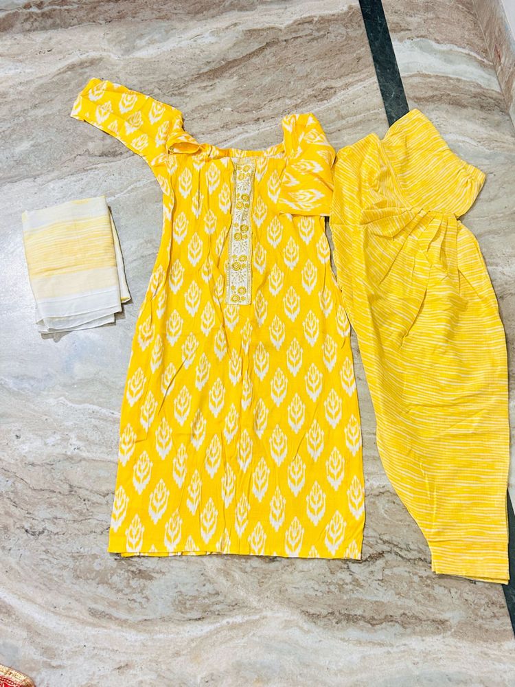 Bright Yellow Printed Kurta Set with Dupatta