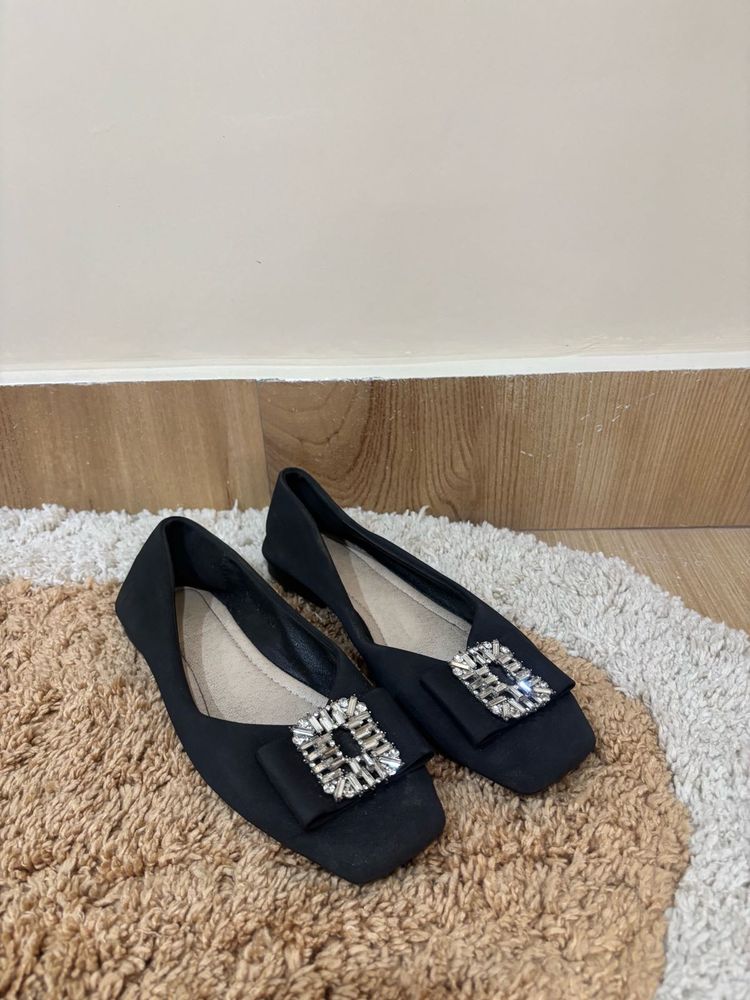 Black Flats with Embellished Buckle