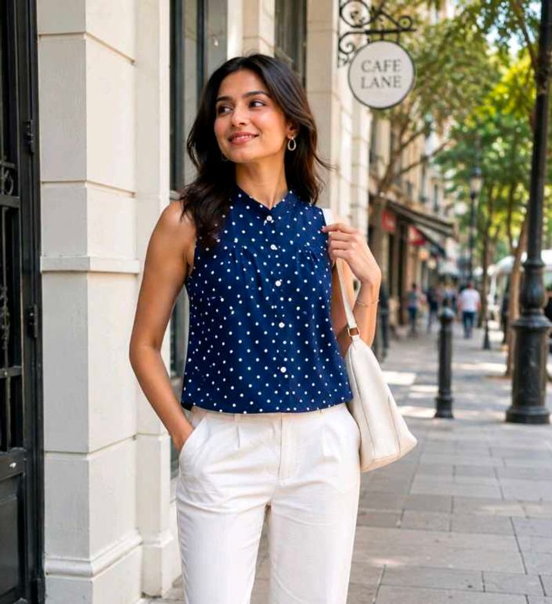 Navy Blue Polka Dot Sleeveless Top