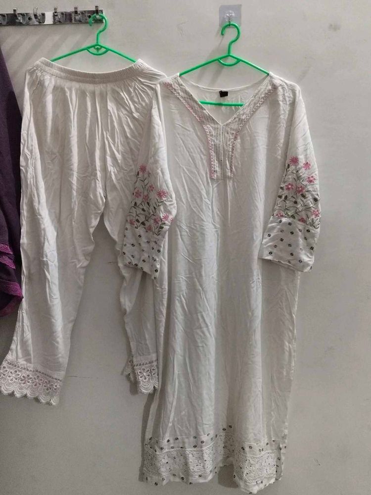 White Embroidered Kurta with Pants