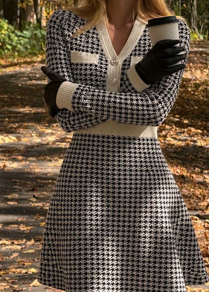 Chanel inspired Houndstooth Knit autumn dress