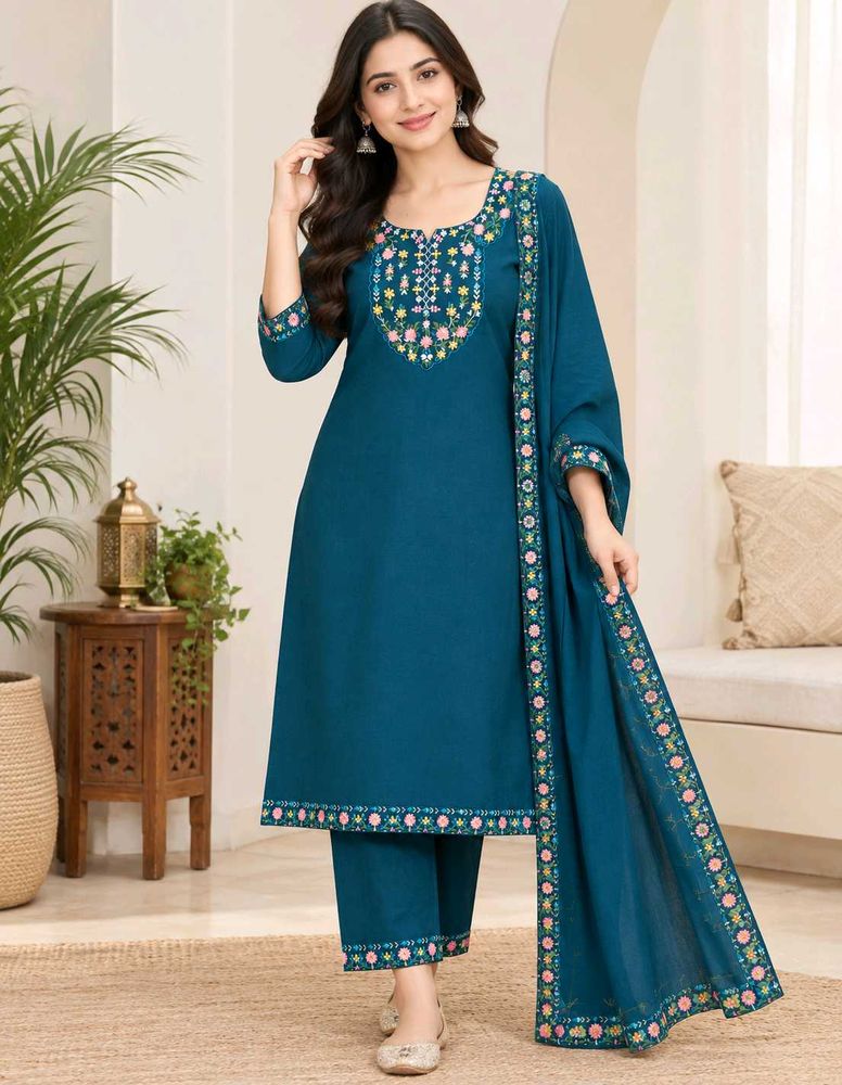 Teal Embroidered Kurta Set with Dupatta