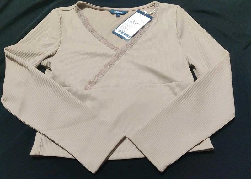 Ribbed Long Sleeve Top with Lace Trim