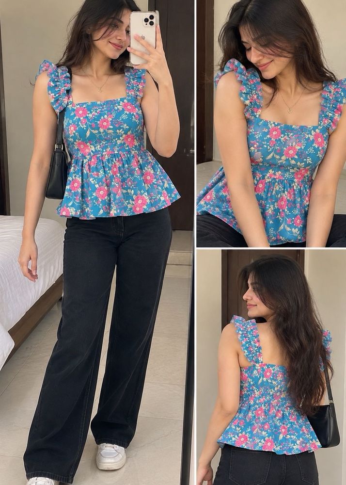 Blue Floral Smocked Peplum Top