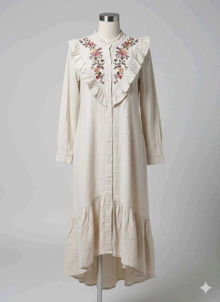 Boho Floral Embroidered Ruffled Midi Dress