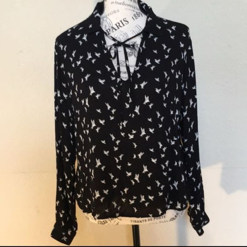H&amp;M Bird Print Tie Neck Blouse