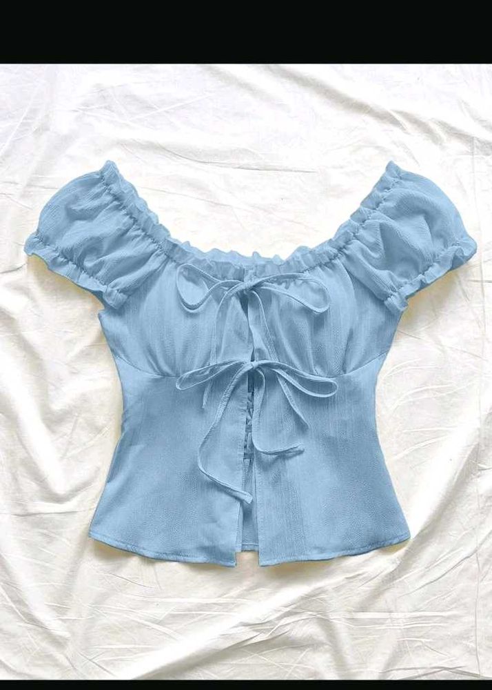 Cute Blue Off-Shoulder Tie-Front Top