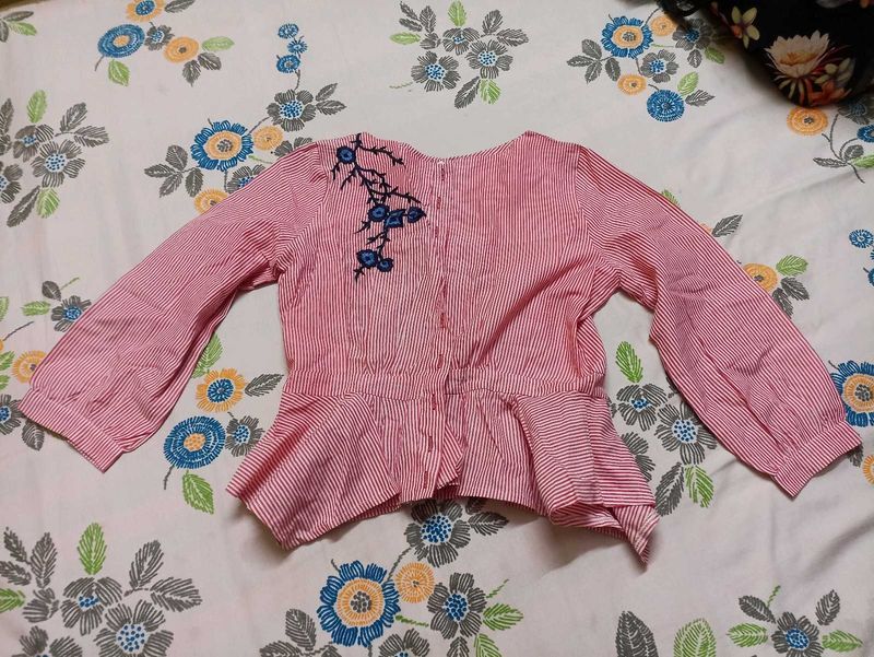Striped Peplum Blouse with Embroidery