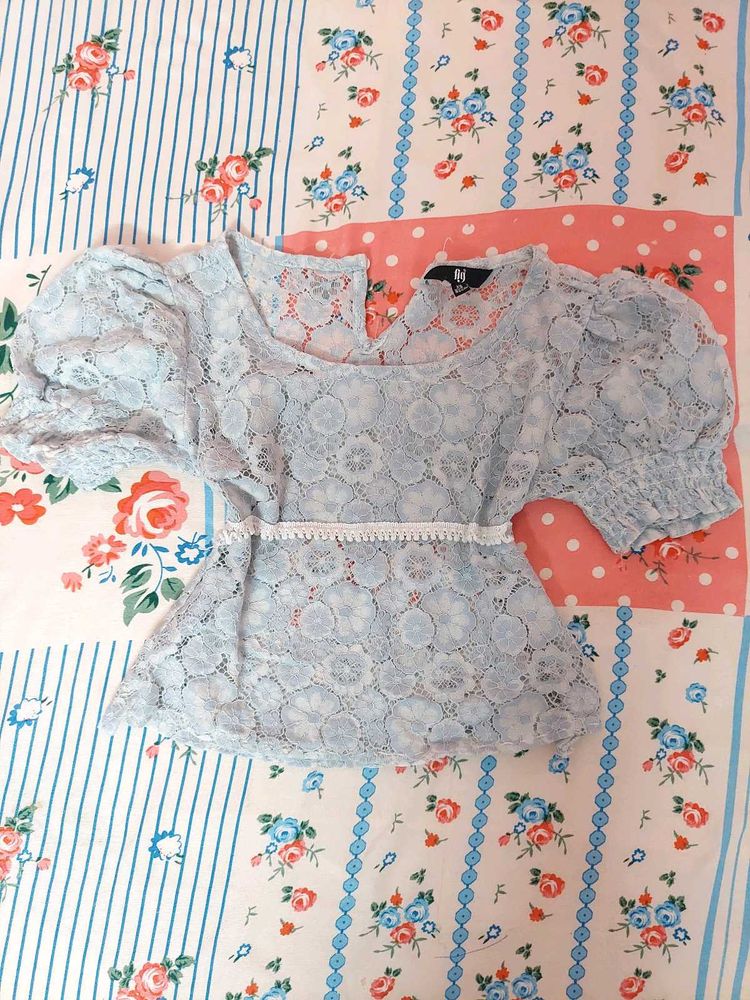 Light Blue Lace Puff Sleeve Top