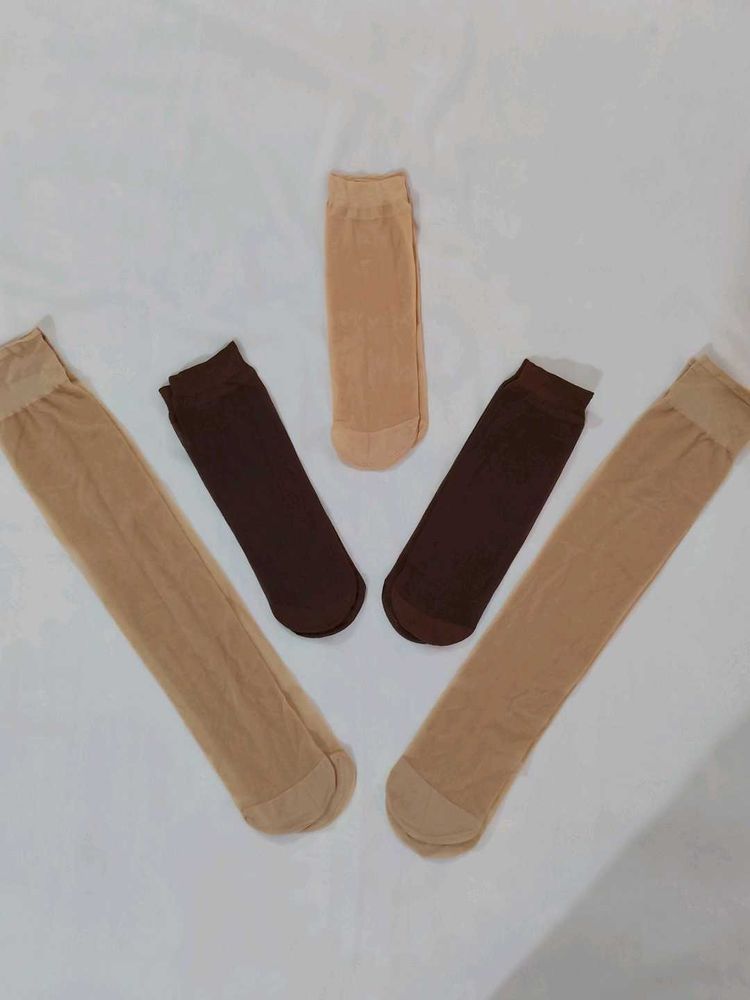 New Nylon Socks (5 Pairs) dark brown and nude.