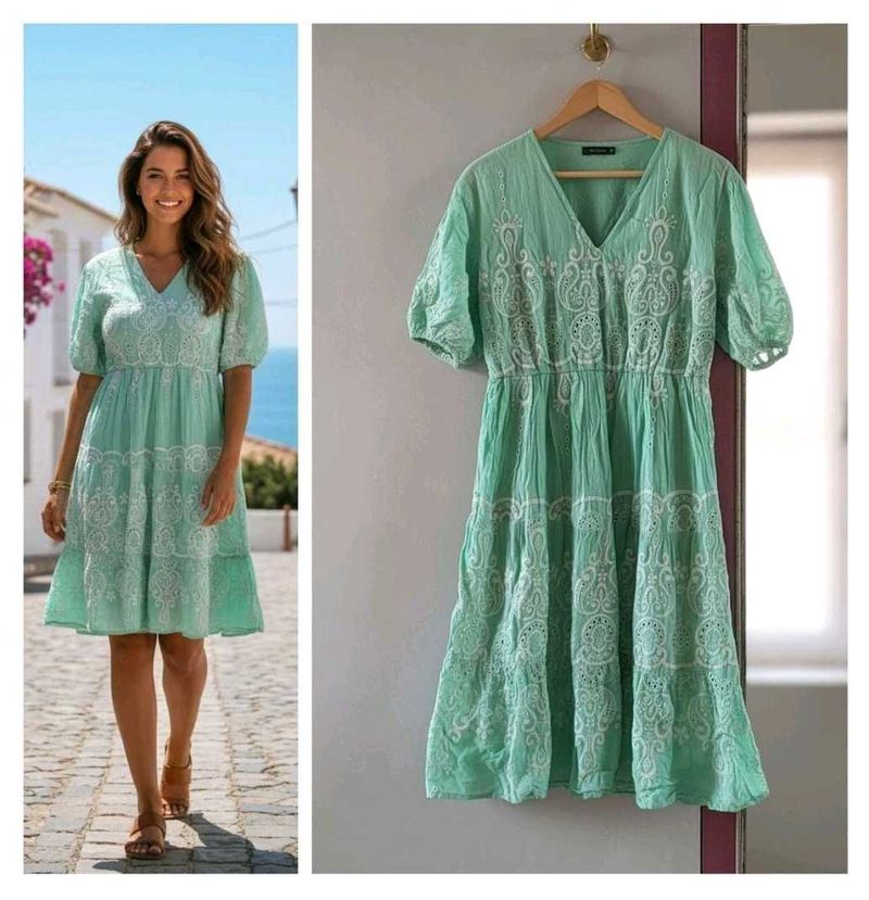 Chic Mint Green Embroidered Dress