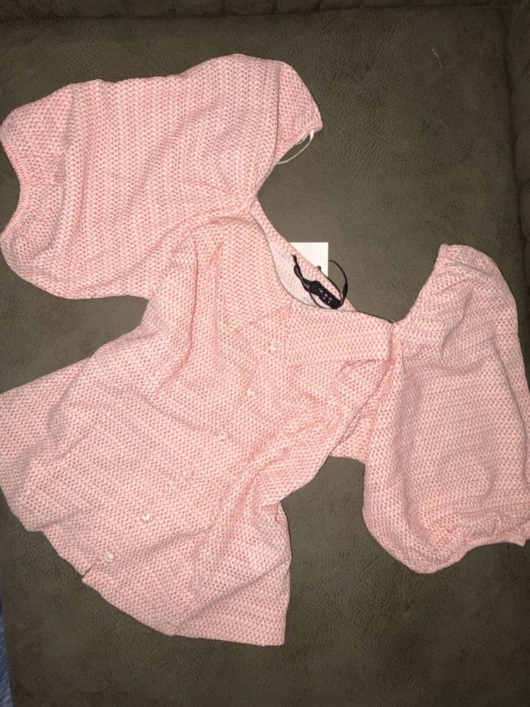 Puff Sleeve Textured Button-Up Top