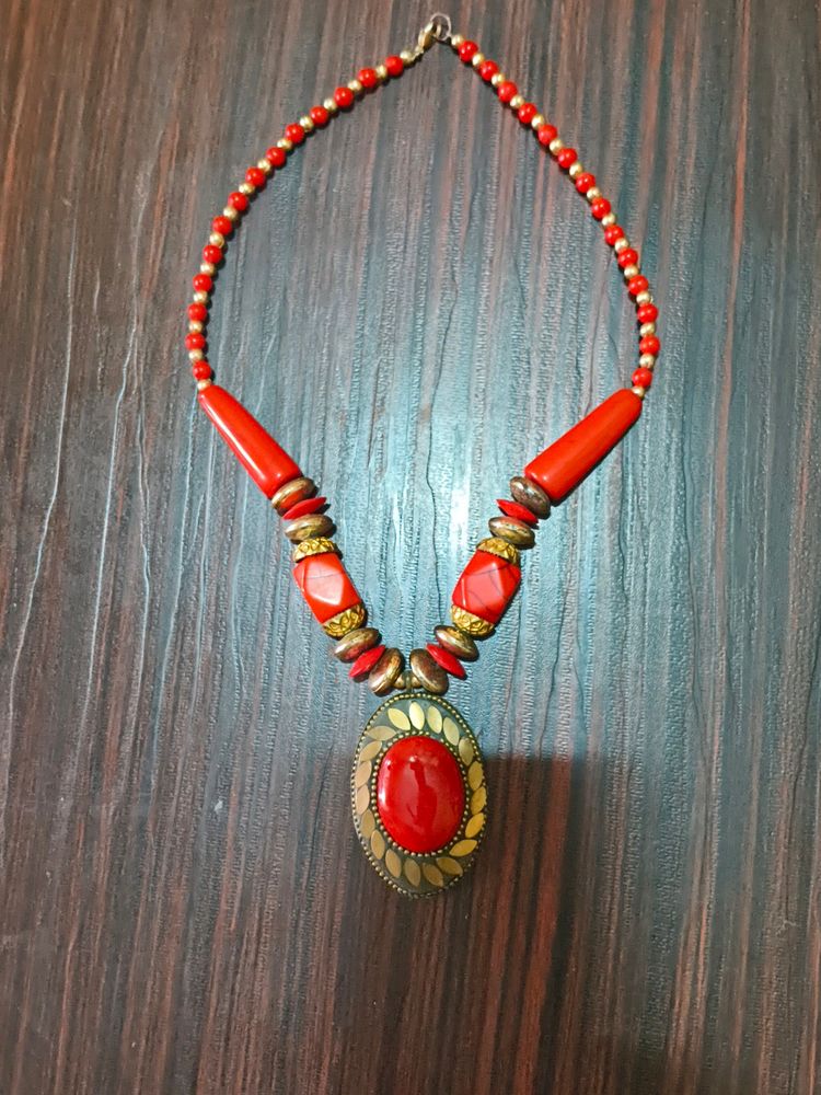 Brass Plated Red Stone Necklace..