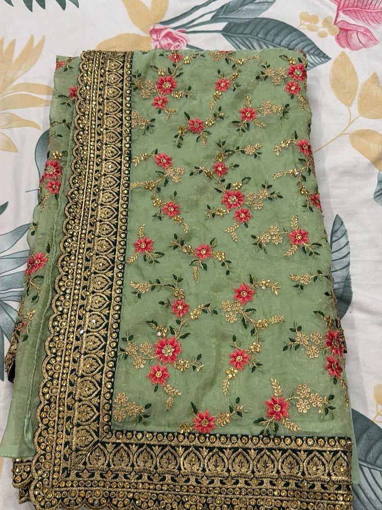 Elegant Green Floral Embroidered Saree