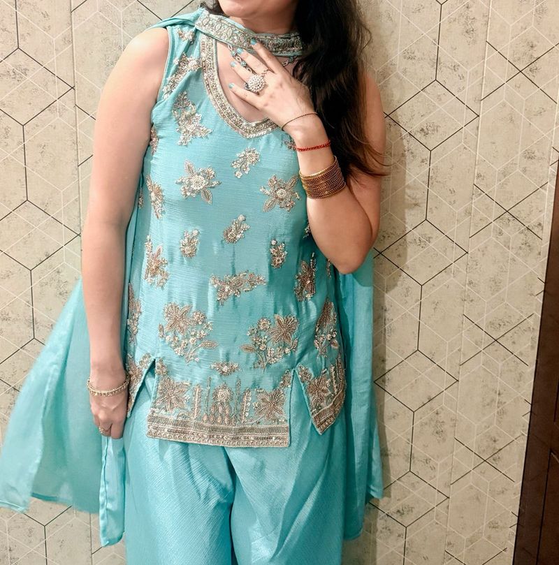 Turquoise Blue Embellished Festive Suit Set