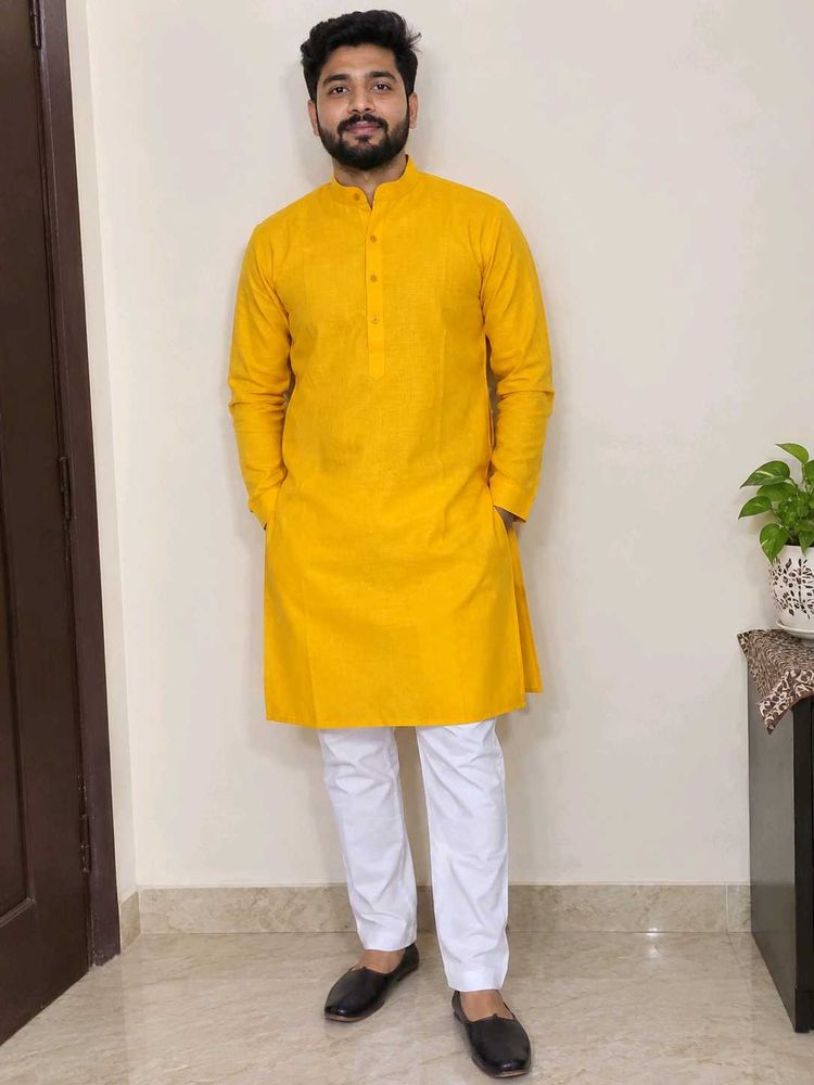 Men's Yellow Kurta with White Pyjama Set