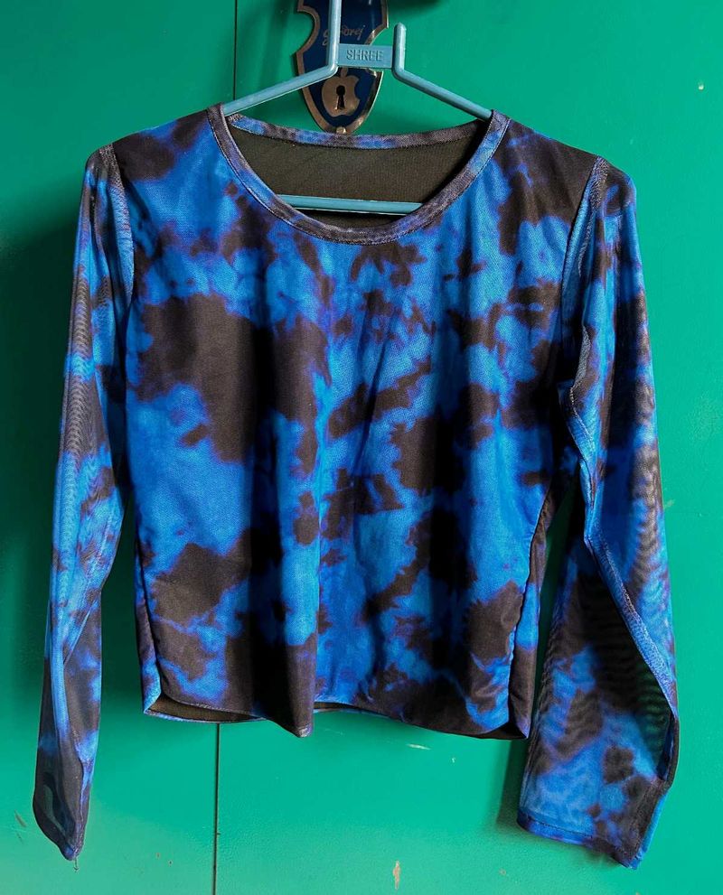 Blue &amp; Black Tie-Dye Mesh Long Sleeve Top