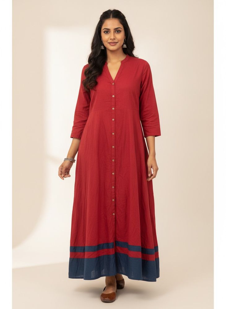 Red Button-Down long  Kurta /dress  with Blue Hem