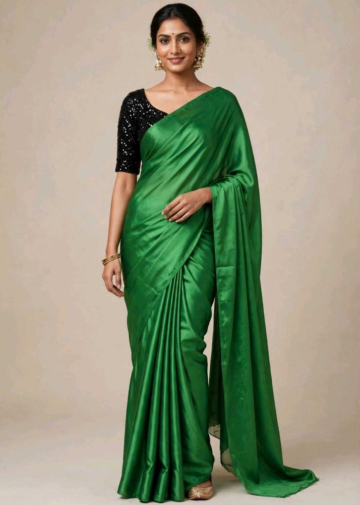 Elegant Emerald Green Satin Saree
